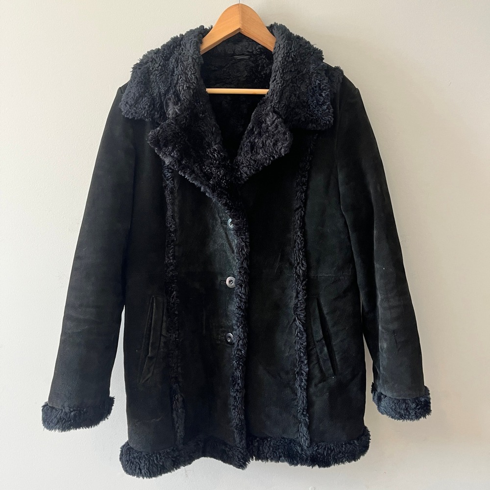 Wilsons Leather Maxima Shearling Coat Vintage Black Large Faux Fur Y2K